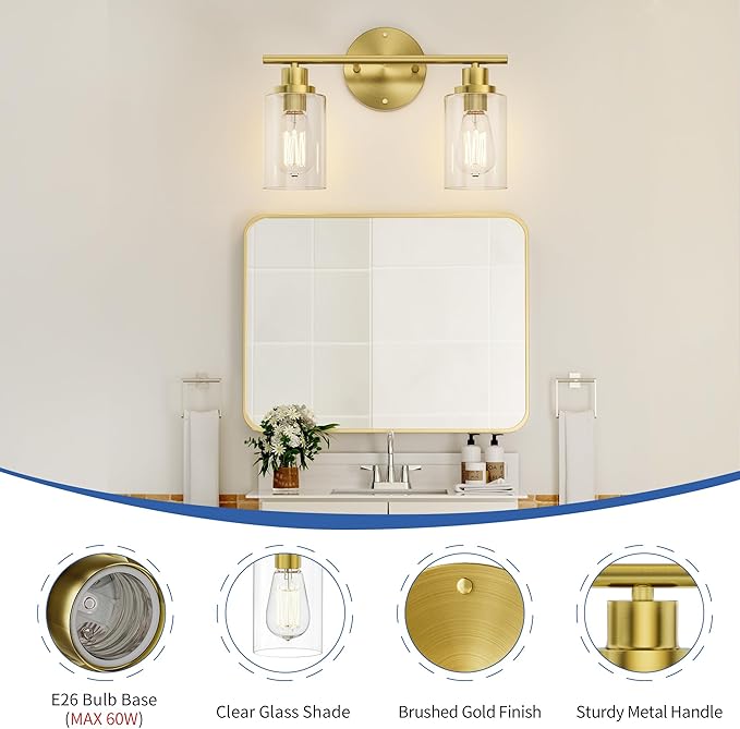 GORDNWE 2-Light Bathroom Wall Sconce, Gold Vanity Light, Modern Wall Light Fixture with Clear Glass, J0019