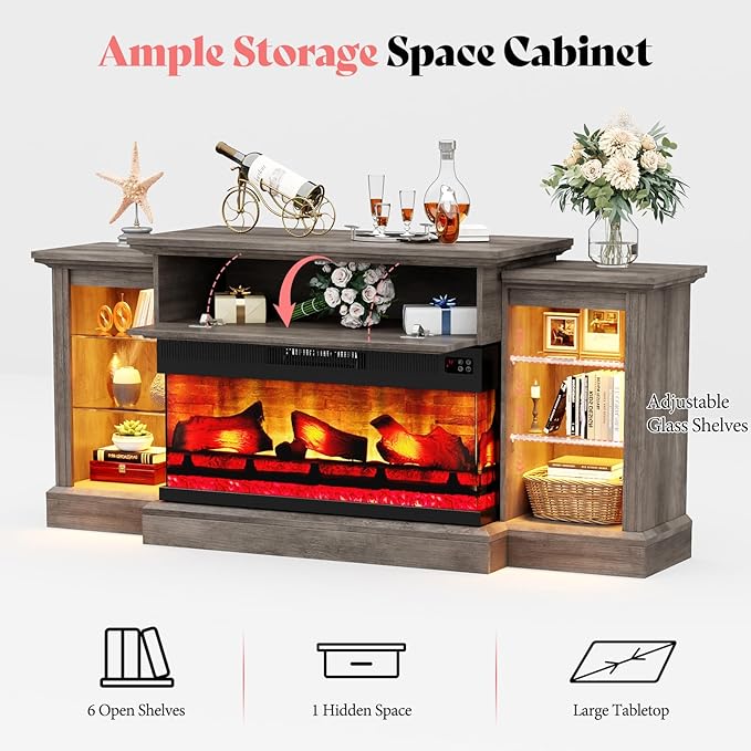 AMERLIFE 70" Electric Fireplace with Mantel, Farmhouse 3-Sided Fireplace TV Stand for TVs up to 75 Inch, Entertainment Center with Adjustable Shelves & LED Light, Rustic Grey