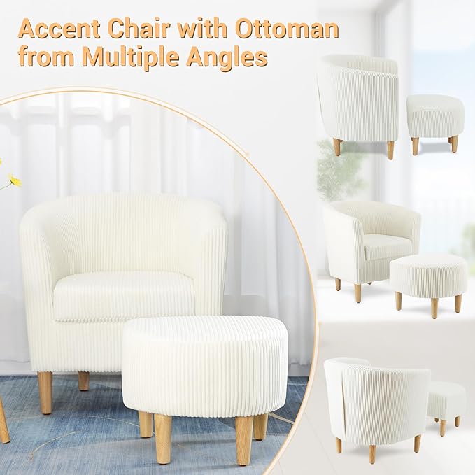 DAZONE Accent Chairs Set of 2 - Mid Century Modern Comfy Armchair with Ottoman, Corduroy Upholstered Living Room & Reading Room Chair in Ivory