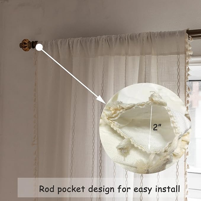 Boho Curtains Off White Linen Curtains 96 Inches Long 2 Pannels for Living Room Bedroom, Embroidery Country Farmhouse Curtains Light Filtering Curtains Rod Pocket Drapes 52" W x 96" L