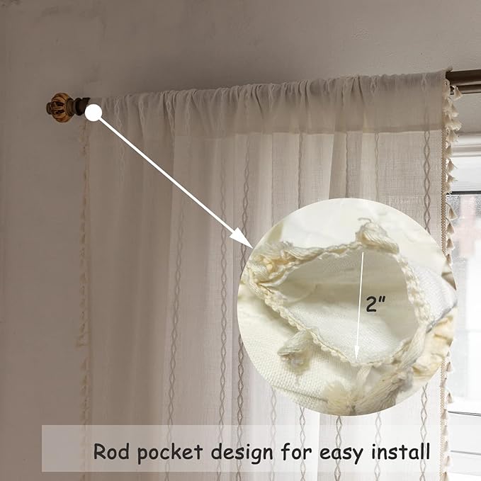 Boho Curtains - Embroidery Linen and Cotton 63 Inch Length 2 Pannels for Living Room, Cream Off White Light Filtering Farmhouse Curtains with Rod Pocket Draperies 52" W x 63" L