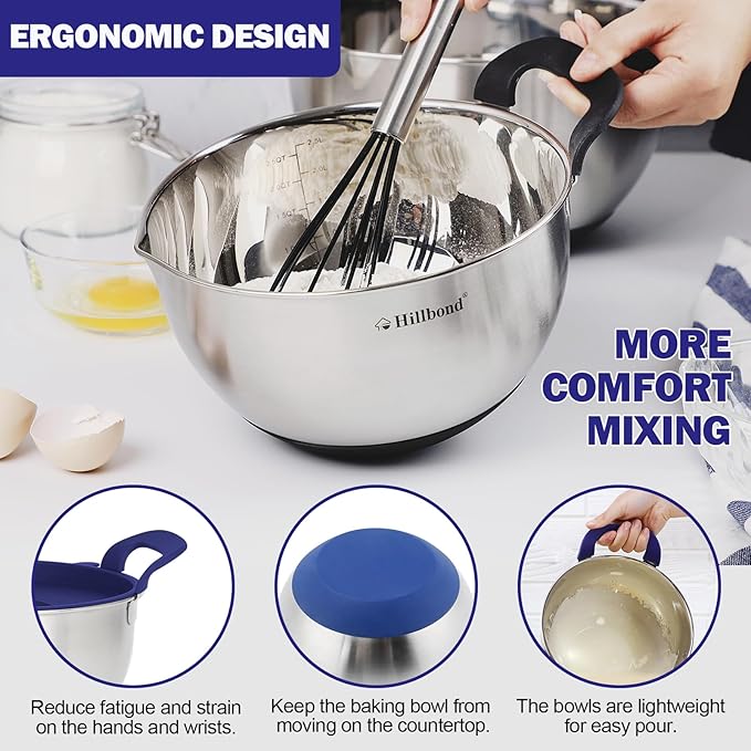 Hillbond Mixing Bowls with BPA Free Airtight Lids Stainless Steel Nesting Bowls with Pour Spout, Silicone Handle Non-Slip Bottoms for Baking, Dishwasher Safe Metal Bowls, 1.5, 3, 5 QT (Blue)