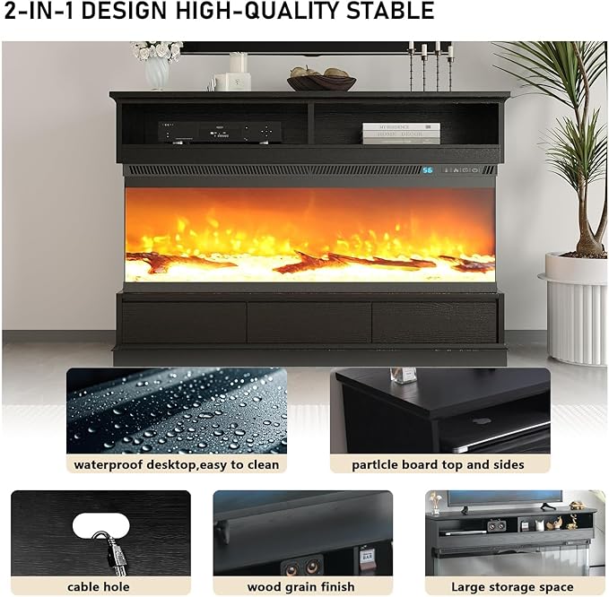 4 EVER WINNER Fireplace TV Stand with 50" Electric Fireplace, Fireplace Entertainment Center with 3-Side Glass Insert, 3 Drawers, TV Consoles for Living Room, Black