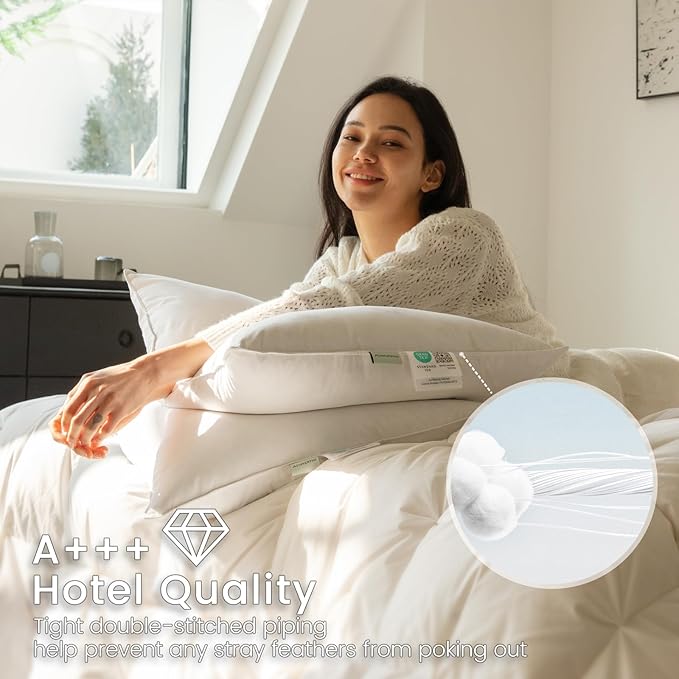Alanzimo Goose Feathers Down Pillows Standard/Queen Size Set of 2, Luxury Soft Feather Down Pillow for Sleeping, 100% Cotton Cover Hotel Collection Bed Pillows for Back,Stomach or Side Sleepers 20x28
