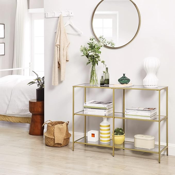 VASAGLE 39.4 Inch Console Table with 3 Shelves, Sofa Tables, Modern Entryway Table, Metal Frame, Tempered Glass Shelf, Entryway Living Room Bedroom, Metallic Gold and Transparent ULGT27G