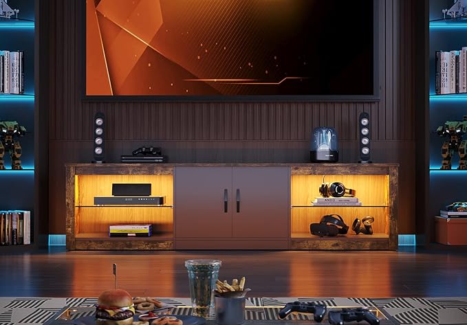 Bestier 70 Inch Led TV Stand for Large TVs - Modern Rustic Brown Entertainment Center with Adjustable Glass Shelves, Two Cabinets, 22 RGB Modes for Living Room Gaming