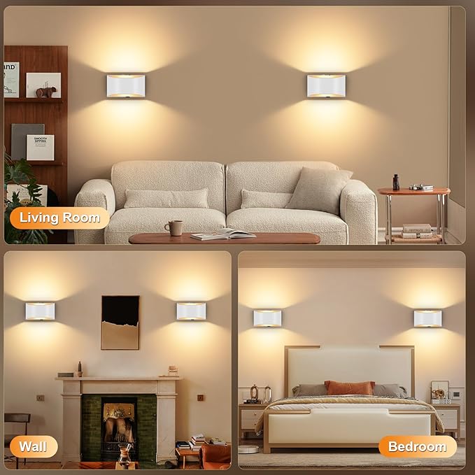 2 Pack Battery Operated Wall Sconce with Remote Control,No Hardwired White Aluminum Wall Sconces Set of Two,50W Equivalent Battery Wall Light,3000K-6500K Dimmable Wall Sconces