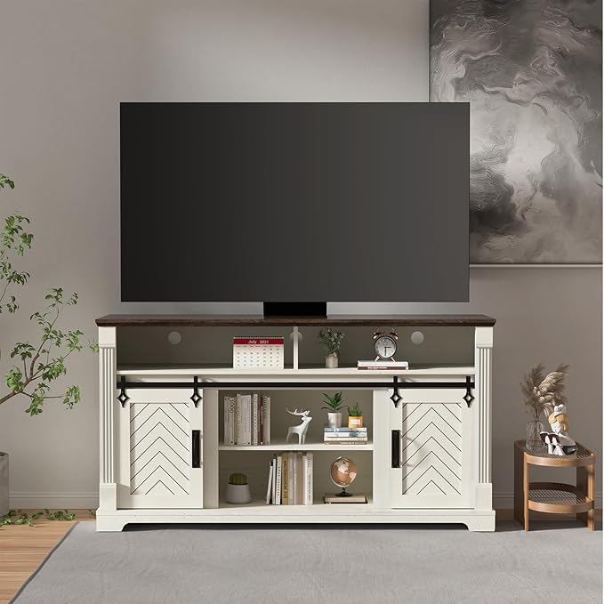 Farmhouse TV Stand for 65+ Inch TV, 31" Tall Entertainment Center with Sliding Barn Door, Rustic TV Stands for Bedroom with Adjustable Shelf, Wooden TV Consoles for Living Room, Antique White
