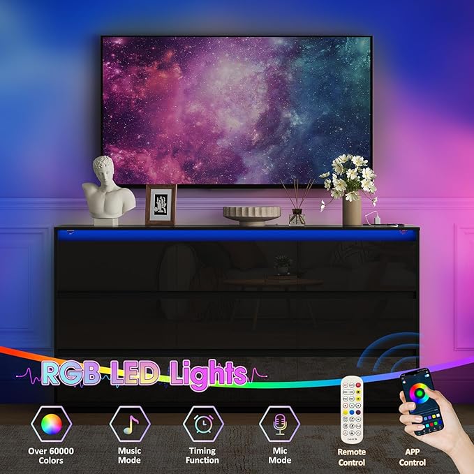 Black TV Stand, Storage Cabinet with 9 Drawers for Bedroom Modern Large High Gloss Cabinet for Living Room Office (63" W)