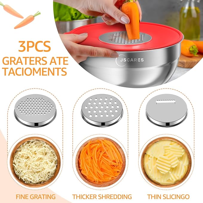 Mixing Bowls with Colorful Airtight Lids, 6 Piece Stainless Steel Metal Bowls with 3 Grater Attachments, Size 4.5, 3.5, 2.1, 1.5, 1.1, 0.7 QT