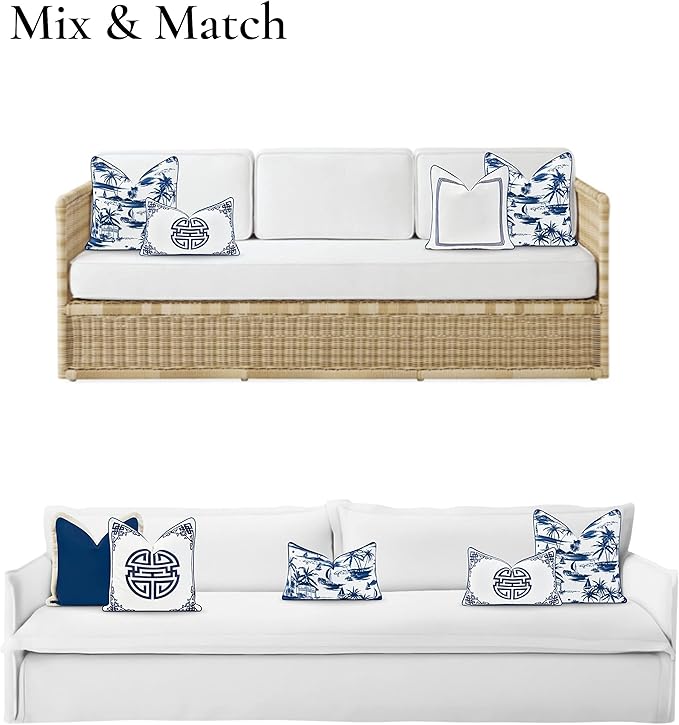 Hofdeco Premium Coastal Hampton Style Patio Indoor Outdoor Lumbar Pillow Cover Only, 12"x20" Water Resistant for Backyard, Couch, Navy Blue Embroidered Longevity Symbol