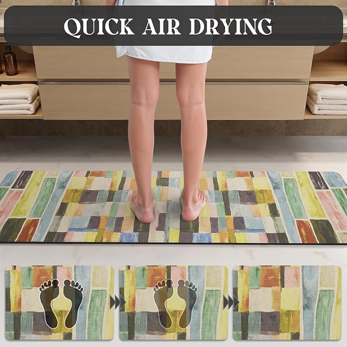 MontVoo -Bath Mat-Non Slip Thin Bathroom Rugs Fit Under Door- Quick Dry Absorbent Faux Suede Surface Grey Bathroom Floor Mats-Shower Rug for in Front of Bathtub Shower Colorful Plaid 17x59