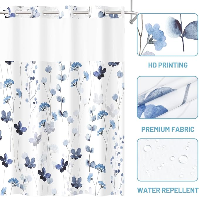 No Hook Shower Curtain with Snap in Liner - Watercolor Floral Shower Curtain - Fabric Waterproof Inner Liner, Plants Blue Flowers White Cloth Shower Curtains - Machine Washable, 71 x 74