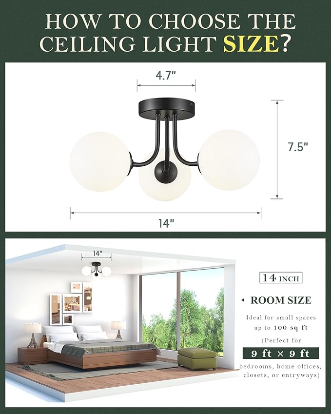 3-Globe Black Flush Mount Ceiling Light in a Modern Farmhouse Design is Ideal for Living Rooms, Bedrooms, or Dining Rooms. Model:CKCL4845-3W-BK