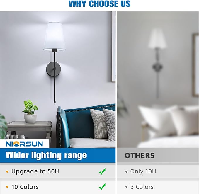 NIORSUN 25.4 inch Battery Operated Wall Sconce Set of 2,Black Rechargeable Wall Lights with 5200mAh Dimmable Detachable Bulbs and Remote,9 Colors Wireless Sconces for Bedroom Living Room Hallway