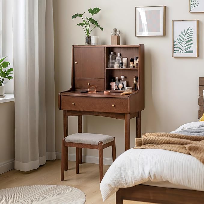 Small Vanity Desk with Mirror, Solid Wood Dressing Table, Movable Drawer Divider, Extendable Table Board for Bedroom, Walnut Color, 25" D x 16.5" W x 50" H