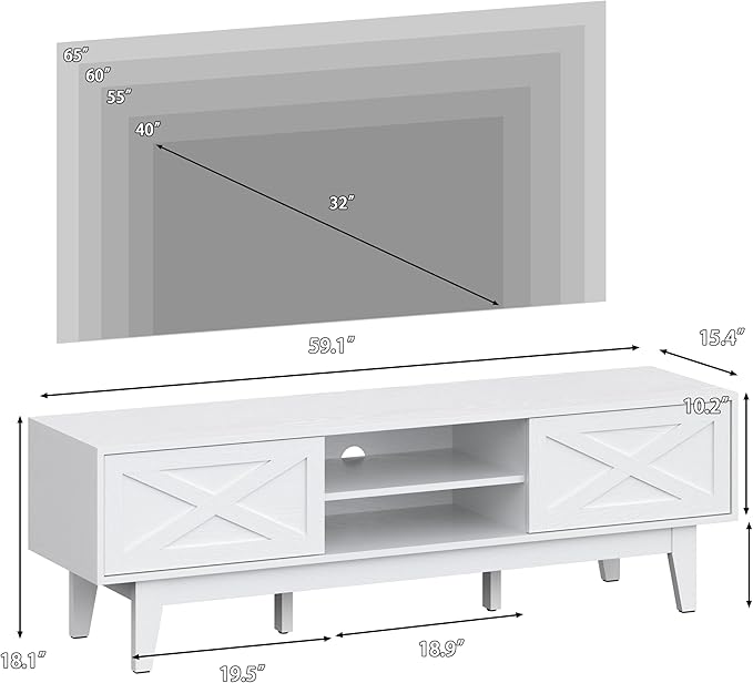 TV Stand for 55/60/65 Inch TV, Farmhouse Entertainment Center with Shelves, Cabinets and Sliding Doors, Rustic TV Media Console Table with Solid Wood Feet & Cord Holes for Living Room, Bedroom, White