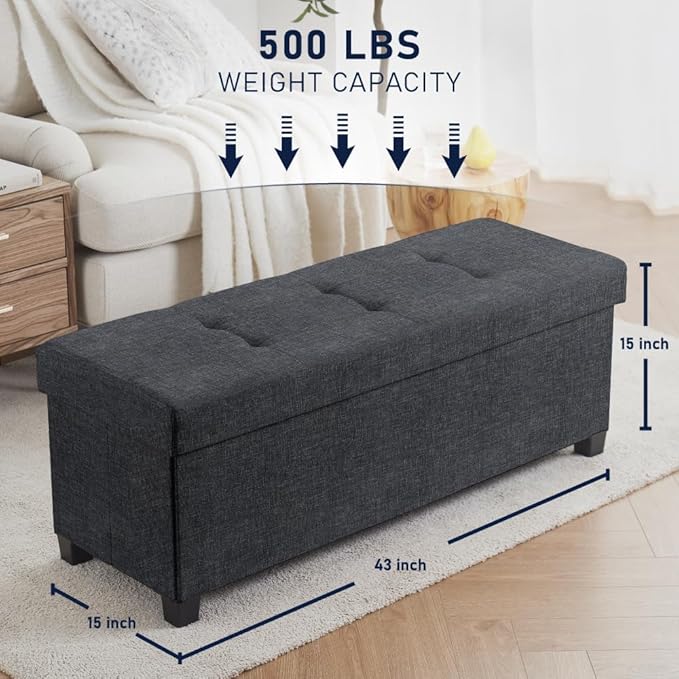 Ornavo Home 43 Inch Storage Ottoman, Large Storage Bench, Ottoman with Storage with Legs, Foot Rest Stool, Bedroom Bench - Black