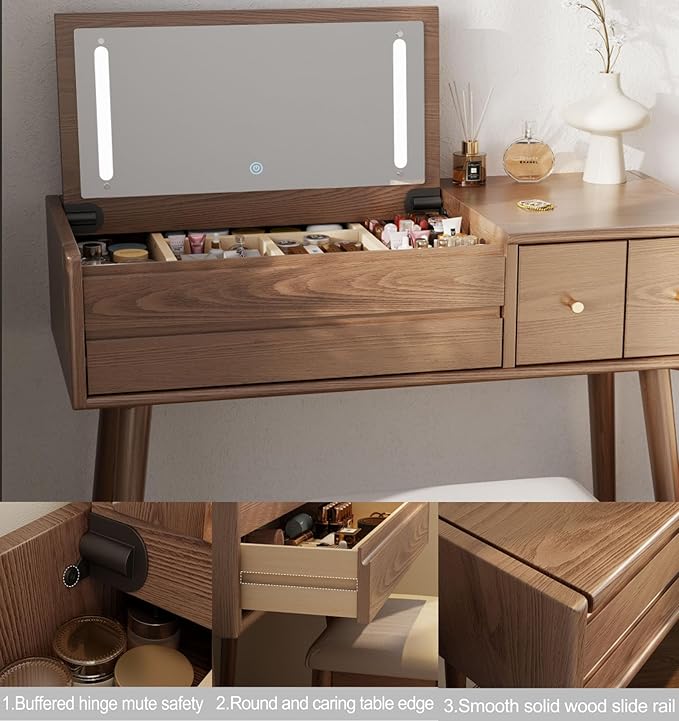 KungFuWood Makeup Vanity Desk with 3 Lighting Modes, Solid Wood Vanity Desk with Mirror Dressing Table Set 4 Drawers,Space-Saving Vanity for bedrooms(walunt)