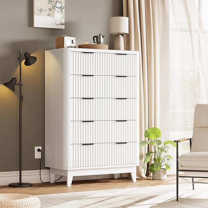 HAIOOU Fluted 5 Drawer Dresser with Power Outlet, Curved Profile Design, 47.4" Tall Chest of Drawers Vertical Wooden Clothing Organizer with Ample Storage for Bedroom, Closet, Hallway - Modern White