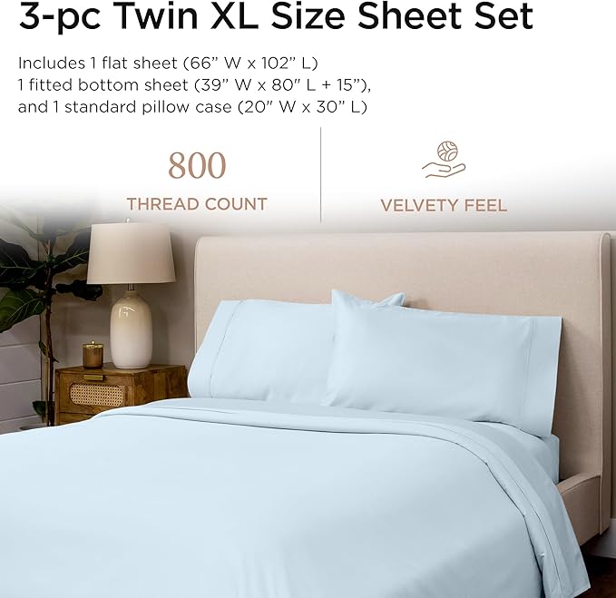 Threadmill Luxury 800 Thread Count 100% Cotton Sheets - Sateen Weave Twin XL Bed-Sheets, Better Than Egyptian Cotton,3 Pc Solid Soft Bedding Set (Light Blue), Fits 15" Deep Pocket