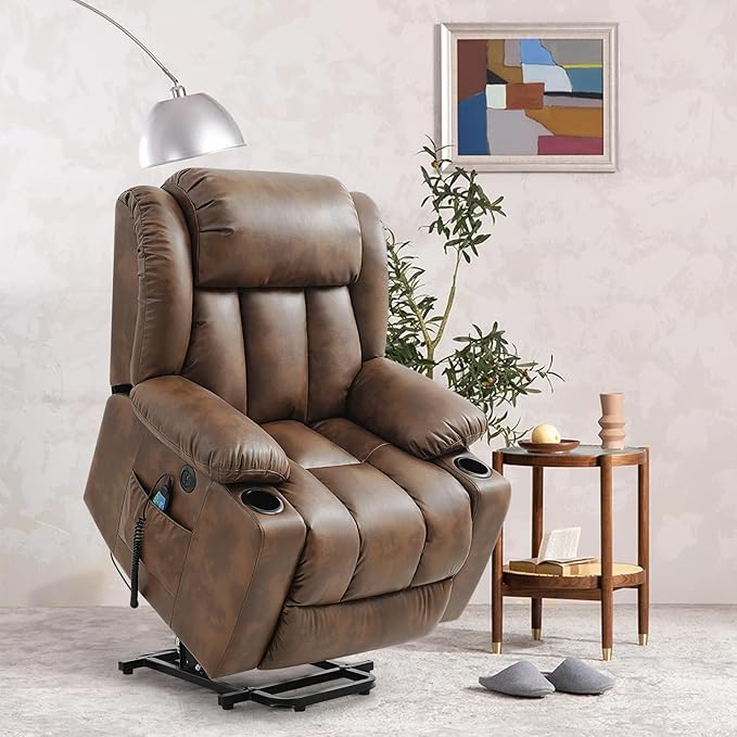 Power Lift Recliner Chair for Elderly Breathable Leather Recliner Chair with Massage and Heat for People Limited Mobility,2 Cup Holders,Electric Stand Assist,USB Ports,Gifts for Family (Ochre)