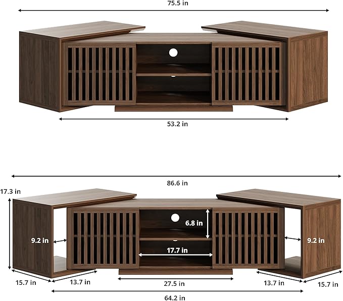 IRONCK TV Stand for TVs up to 75 Inches, Adjustable TV Stands for Living Room, Corner Entertainment Center with Open Storage Shelves, Dark Walnut