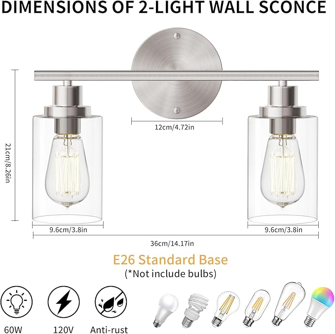 GORDNWE Bathroom Vanity Light Fixtures, 2 Light Brushed Nickel Bathroom Light, Vanity Sconce with E26 Bulb Base, Modern Wall Lights for Mirror, Hallway, Farmhouse