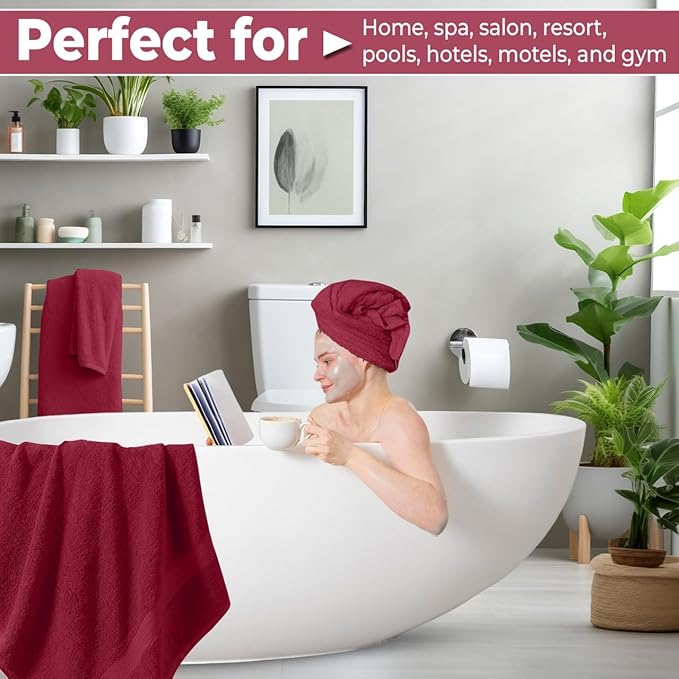 Pack of 8 Towels Set, 2 Large Bath Towels, 2 Hand Towels, 4 Wash Cloths, 100% Cotton, Lighter Weight, Quicker to Dry, Super Absorbent, Perfect for Bathroom (Burgandy)