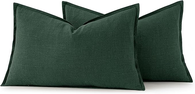 MIULEE Decorative Linen Lumbar Pillow Covers 12x20 Inch Dark Green Boho Farmhouse Neutral Couch Throw Pillows for Bed Pack of 2 Accent Modern Pillowcase Sofa Livingroom Home Decor