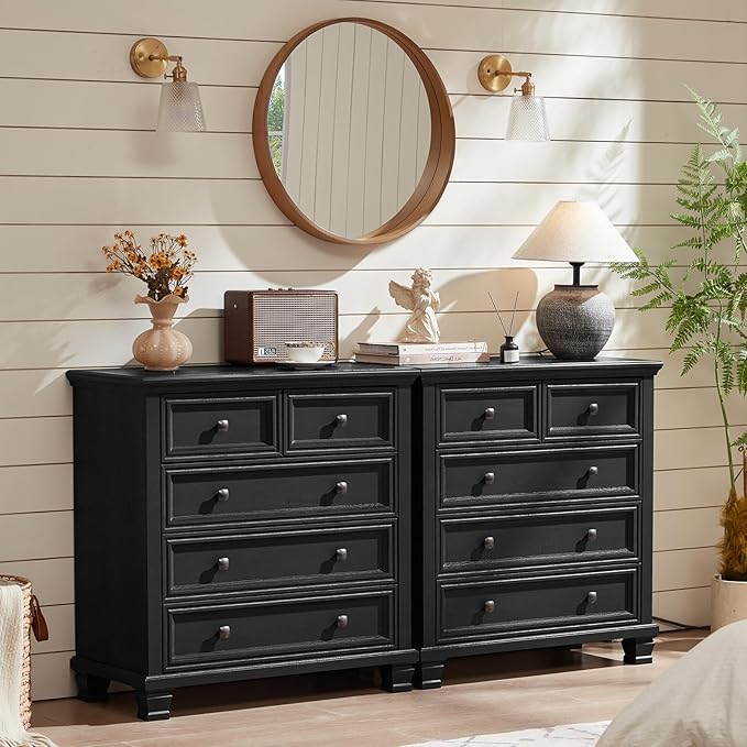 Farmhouse 5 Drawer Dresser for Bedroom, 32.6 Inch Tall Vintage Wood Chest of Drawers, Rustic Small Dressers w/Square Solid Wooden Legs, Mid-Century Storage Organizer for Living Room, Black
