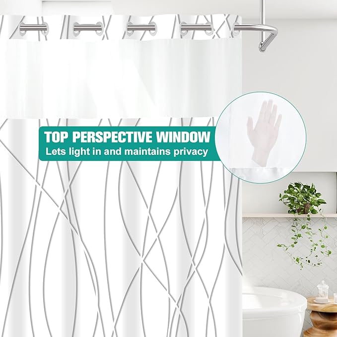 No Hook Grey Shadow Striped Stall Shower Curtain with Snap in Fabric Liner Set - Hotel Shower Curtain and Liner Set with See Through Mesh Top Window,Machine Washable, 54x80 INCH