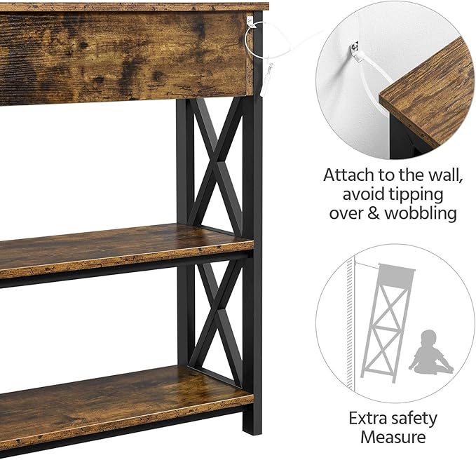 Yaheetech Console Table with Drawer, Entryway Table with 3 Tier Storage Shelves, Narrow Long Sofa Tables for Entryway, Living Room, Hallway, Couch, Kitchen, Metal Frame, Rustic Brown