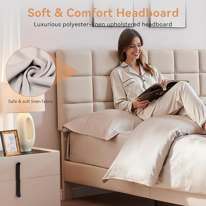 BedsPick Full Size Bed Frame with Fabric Upholstered Headboard, Bed Frame Full Size with Solid Wooden Slats Support, No-Noise, Easy Assembly, No Box Spring Needed with 800LBS, Beige