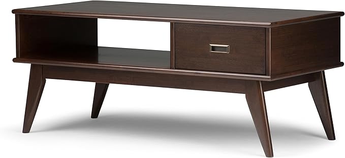 SIMPLIHOME Draper SOLID HARDWOOD 48 inch Wide Rectangle Mid Century Modern Coffee Table in Medium Auburn Brown for the Living Room and Family Room