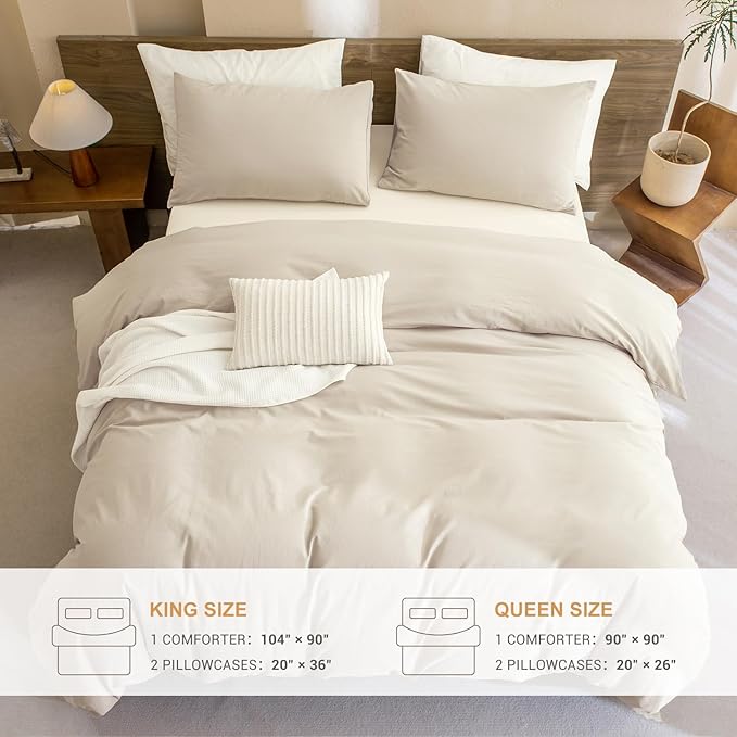 Sanracie Queen Comforter Set, Washed Cotton Linen Feel Bedding Comforters Sets 3 Pieces(1 Solid Wheat Comforter +2 Pillowcases) Soft Lightweight Aesthetic Bedding Sets Queen All Season