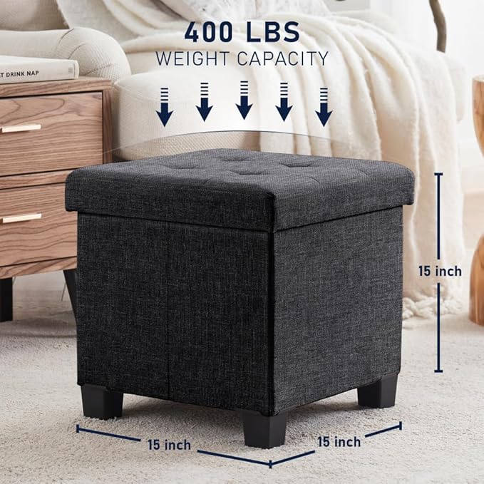 Ornavo Home 15 Inch Folding Storage Ottoman with Storage, Square Cube Linen Small Storage Ottoman Foot Rest Stool with Legs - Dark Gray