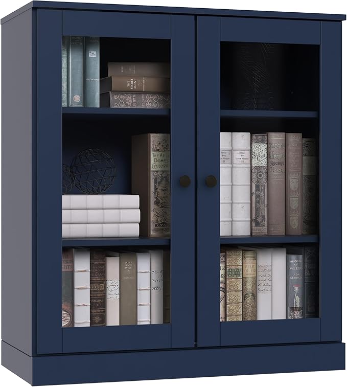 Palace Imports Solid Wood Bookcase - Floor Standing Bookshelf - 32” W - Display Furniture, Renewable 100% Eco-Friendly Wood, Made in Brazil (Navy Blue, Clear Glass Doors | 3-Shelf Short Bookcase)