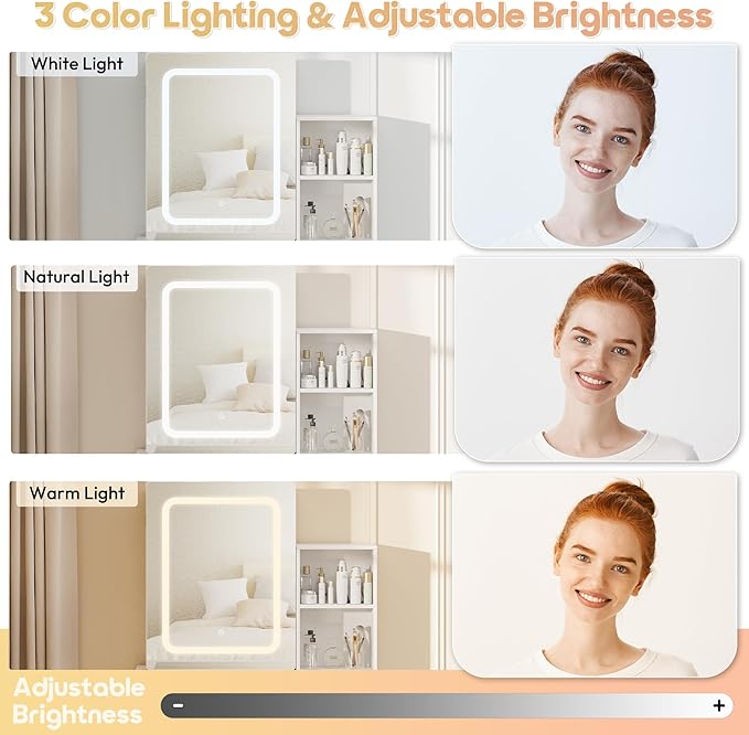 KAMABOKO Vanity Desk with Sliding Mirror and Lights, Makeup Vanity Table with 4 Drawers and Storage Rack, Glass Transparent Top Makeup Vanity with Stool for Bedroom (White)