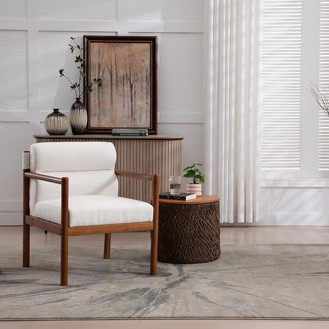 Modern Living Room Chair, White Upholstered Accent Chair with Channel Tufted Back, Brown Wood Lounge Reading Arm Chair, Linen Fabric Side Sitting Vanity Chair for Guest Room, Bedroom, Balcony