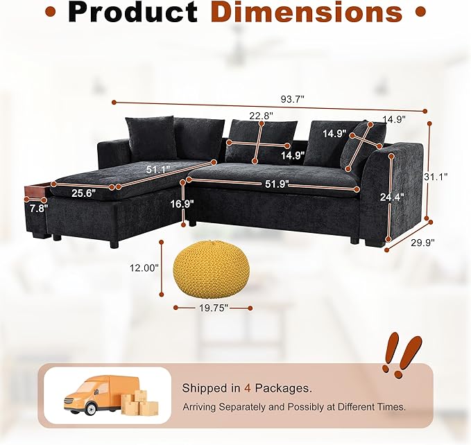 93.7" Sectional Couch, Upholstered Modular Sofa L Shaped Couch with Storage Compartment, Sectional Couches for Living Room and Office, Black