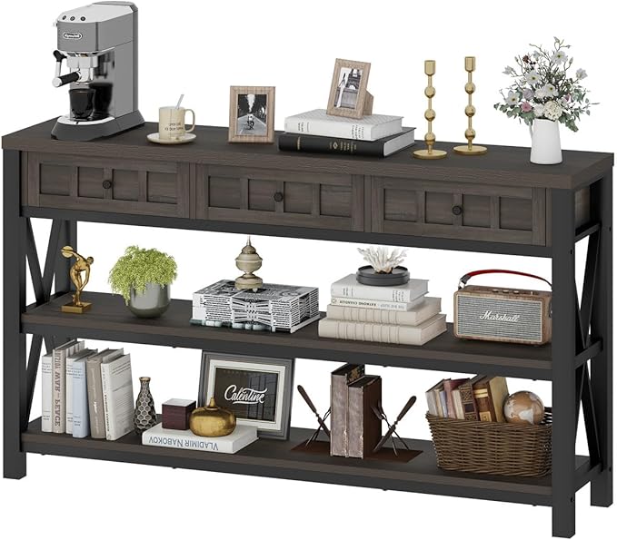 FATORRI Console Table with Storage for Entryway, Rustic Sofa Table with 3 Drawers for Living Room, Farmhouse Hallway Tables and Couch Tables Behind Sofa (54.72 Inch Long, Walnut Brown)