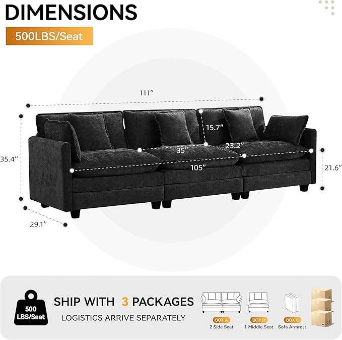 111'' Sectional Cloud Deep Seat Couch, Modern Comfy Chenille Modular Sectional Sofa for Living Room Set, Upholstered Modular 3-Seats Sofa Couch, Dark Grey