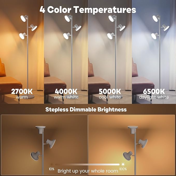 36W LED Tree Floor Lamp, Modern Dimmable Standing Lamp with Remote & Touch Control, 4 Color Temperatures, 3 Rotatable LED Light Floor Lamps for Living Room, Bedroom, Office