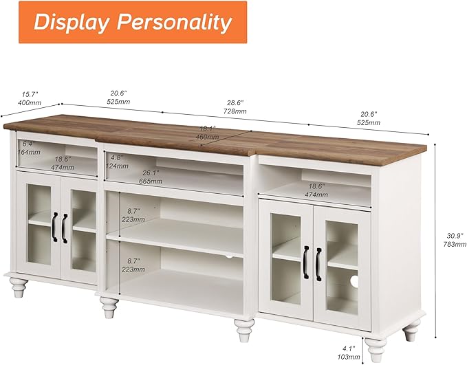 WAMPAT Farmhouse TV Stand with Colorful LED Light, 4-Door Glass Wood Entertainment Center with 9 Storage Cabinets, Media Console Table for Living Room Bedroom，70'', Antique White