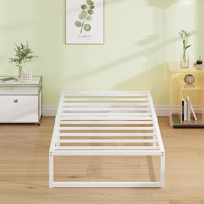 EMODA 12 Inch Twin Bed Frames, Metal Platform White Bed Frame Twin No Box Spring Needed, Heavy Duty Steel Slats Support, Easy Assembly, Noise Free