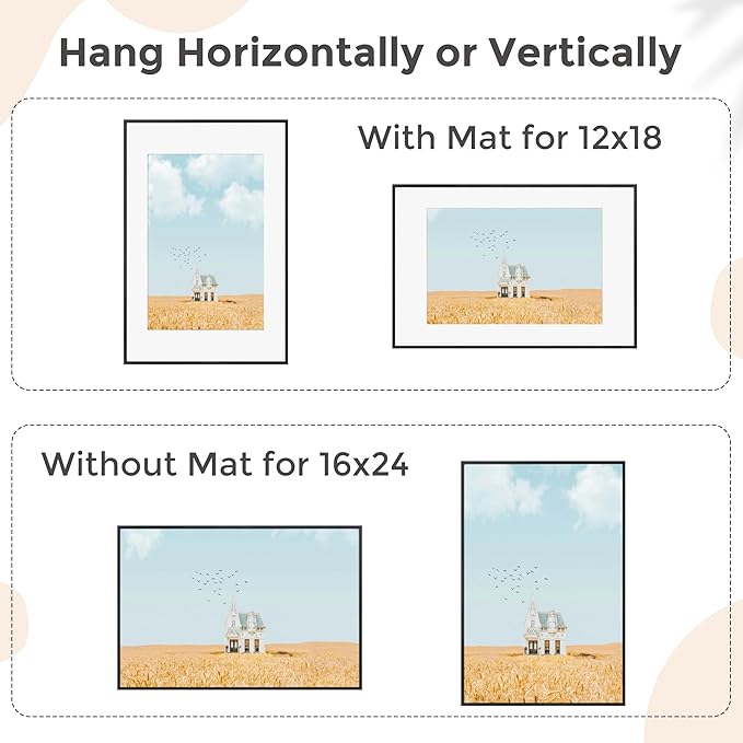 16x24 Frame | 16x24 Poster Frame With Mat For 12x18 | Metal Aluminum Picture Frame With Tempered Glass | Minimalist Modern Poster Frame | Hanging Hardware Included | Black