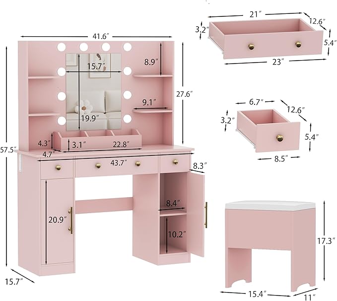 Vanity Desk with Mirror and Lights,Pink Makeup Vanity with Charging Station & Vanity Stool, 3 Drawers and Cabinets White Vanity Mirror with RGB LED Lights Vanity Desk and Chair for Women