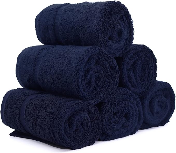 Luxury Hotel & Spa Collection, Quick Dry 100% Turkish Cotton 700 GSM, Eco Friendly Towel, for Bathroom, Gymand Kitchen Dobby Border Soft Hand Towel Set 16 X 30, Navy Blue, Hand Towels - Set of 6