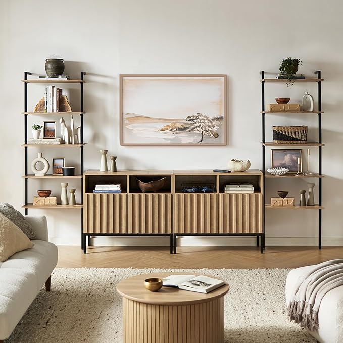 mopio Norwin 4 Piece Entertainment Center with Storage, 70" TV Stand, Industrial Modern Television Accent Cabinet, Wood Media Console Table with 5-Tier Shelf Bookcase (Oak 5-Tier Set TV Stand)